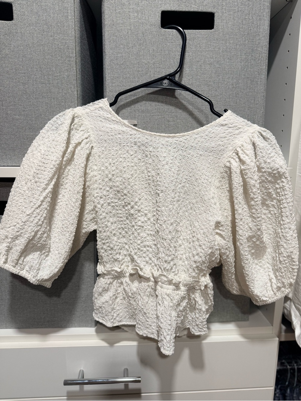 Free People Women's Cream Textured Puff Sleeve Peplum Top